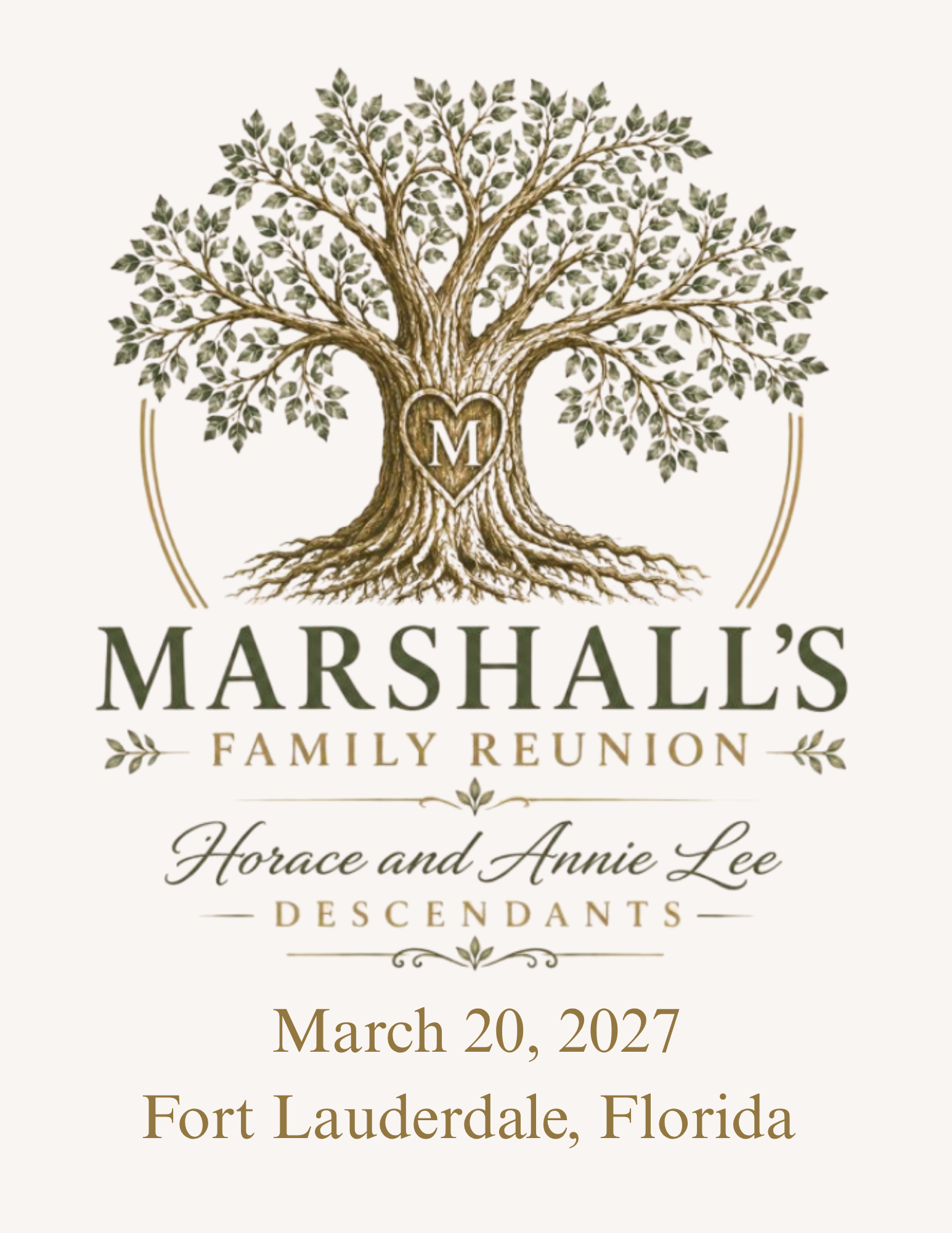 Marshall Family Reunion tree with the letter M, honoring Horace and Annie Lee descendants